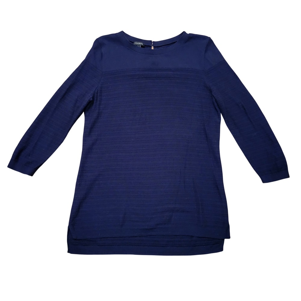 Talbots M Sweater Navy Blue Pointelle Stripe Keyhole Back Lightweight Preppy